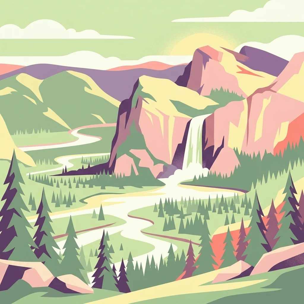 A graphic illustration featuring a mountainous landscape with a waterfall cascading down a cliff into a winding river valley surrounded by pine trees under a pale sky.