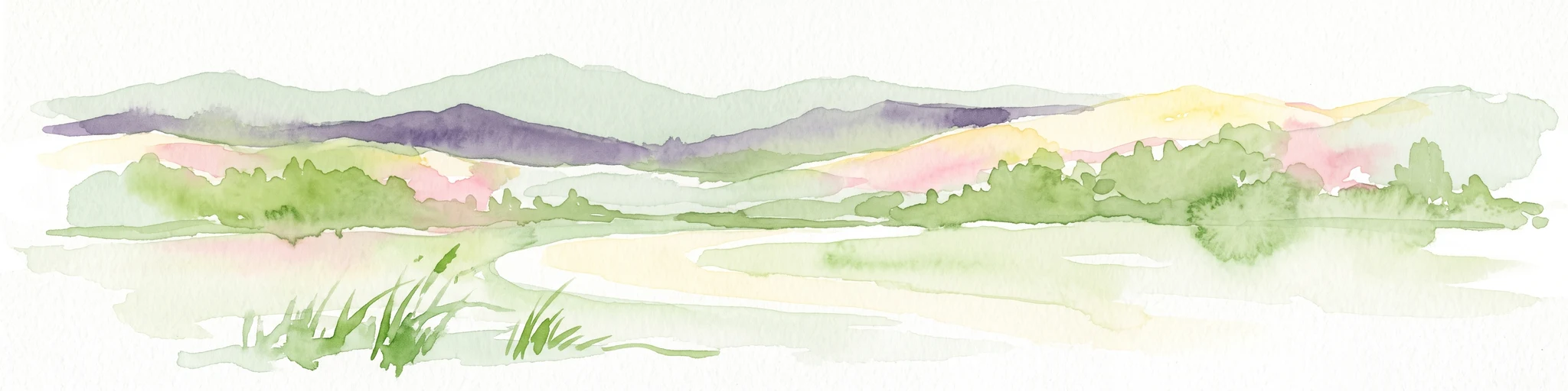 Watercolor painting of a rolling landscape with green grass, bushes, and soft-colored hills in the background.