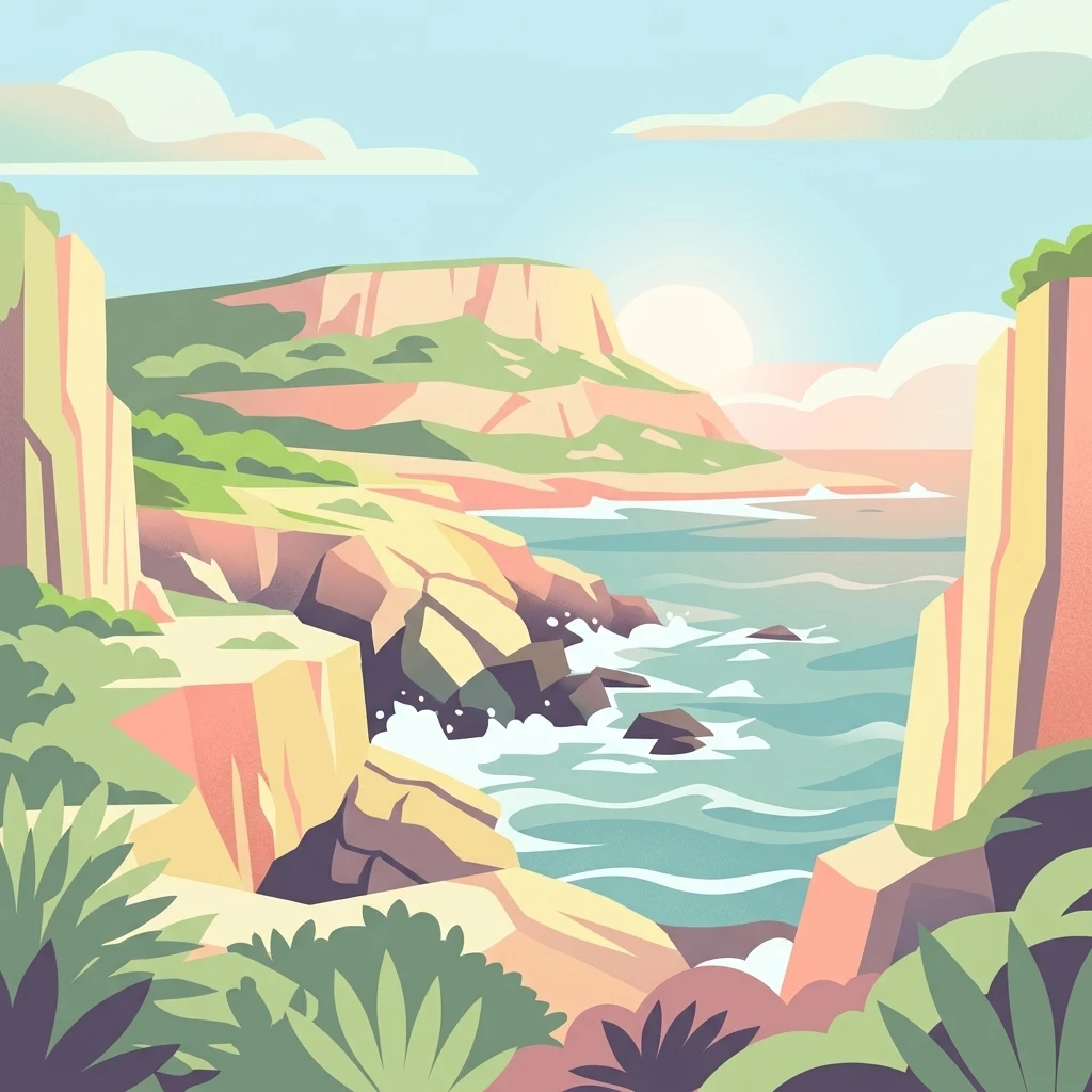 Digital vector-style illustration of high coastal cliffs dropping into a turquoise sea, with green Mediterranean vegetation in the foreground and a soft sunlit sky.