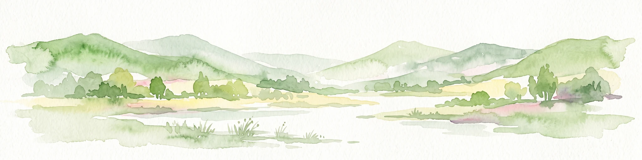 Una ilustración suave en acuarela que muestra colinas verdes onduladas y una costa con vegetación escasa.