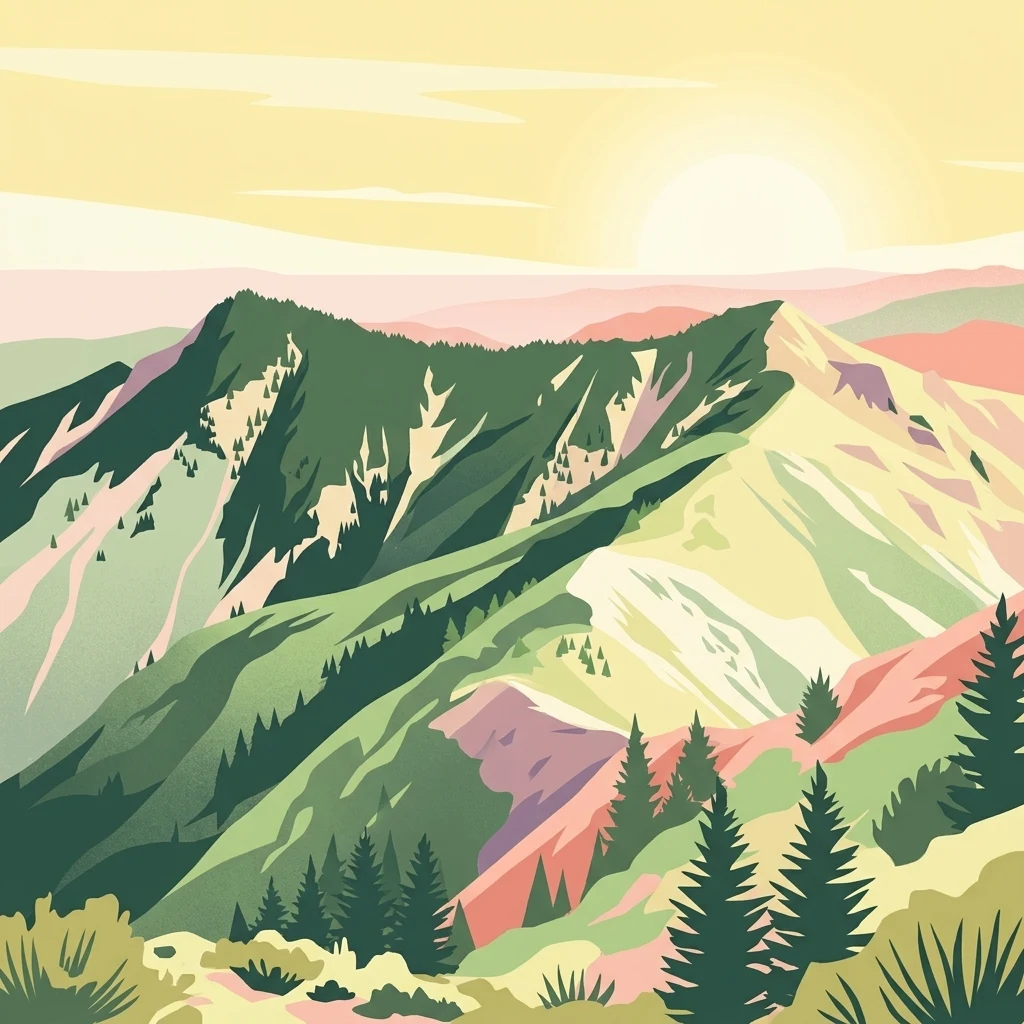 A stylized illustration of mountainous forest terrain with ridgelines and evergreen trees under a soft, golden sky.