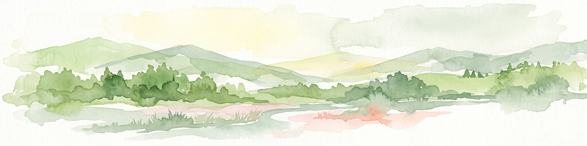 A watercolor painting showing soft, rolling green mountains and forest lines under a bright, light-filled sky.