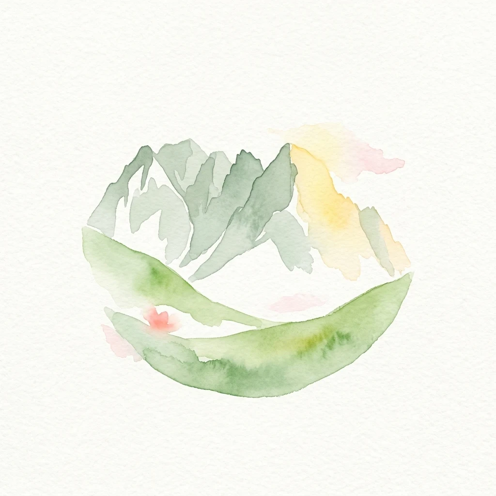 Watercolor painting showing green hills and mountain peaks under a soft sky