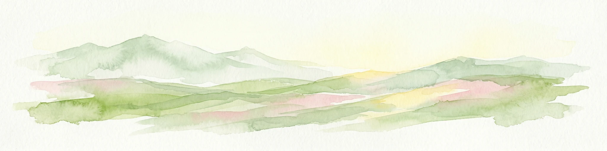 Pintura de acuarela que muestra cordilleras verdes y rosadas bajo un cielo amarillo claro