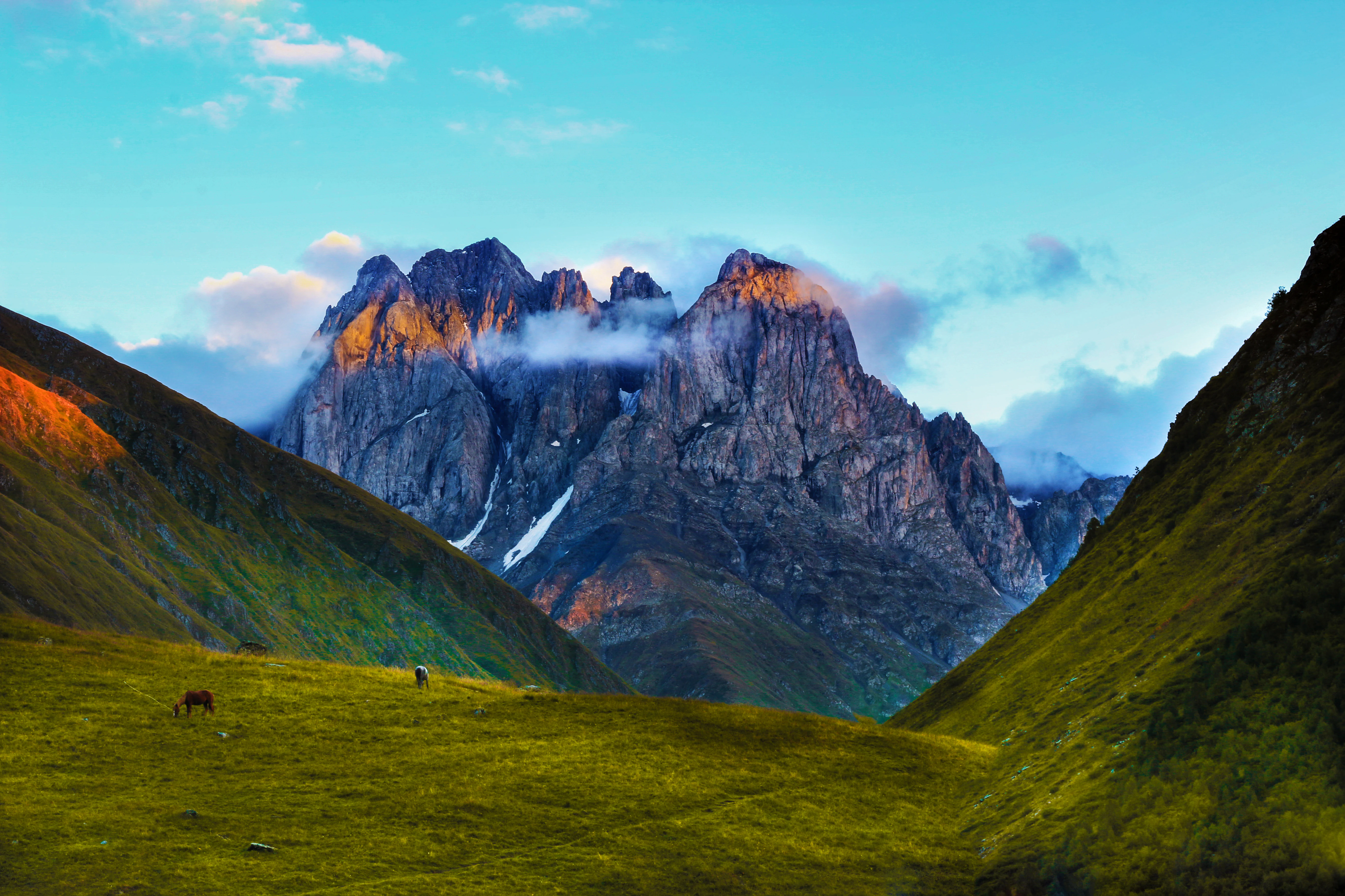 Grassy field with a single animal grazing, surrounded by steep green mountains leading to rocky peaks with patches of snow, under a partly cloudy blue sky