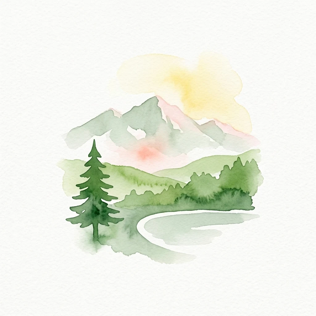 Watercolor illustration of mountains, a pine tree, and a winding river under a sunset sky