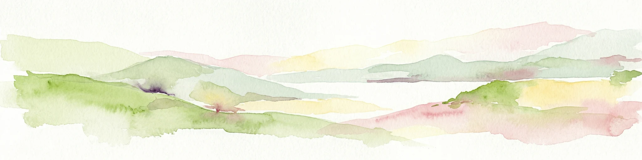 Pintura de acuarela que muestra cordilleras verdes y rosadas con una masa de agua en el centro