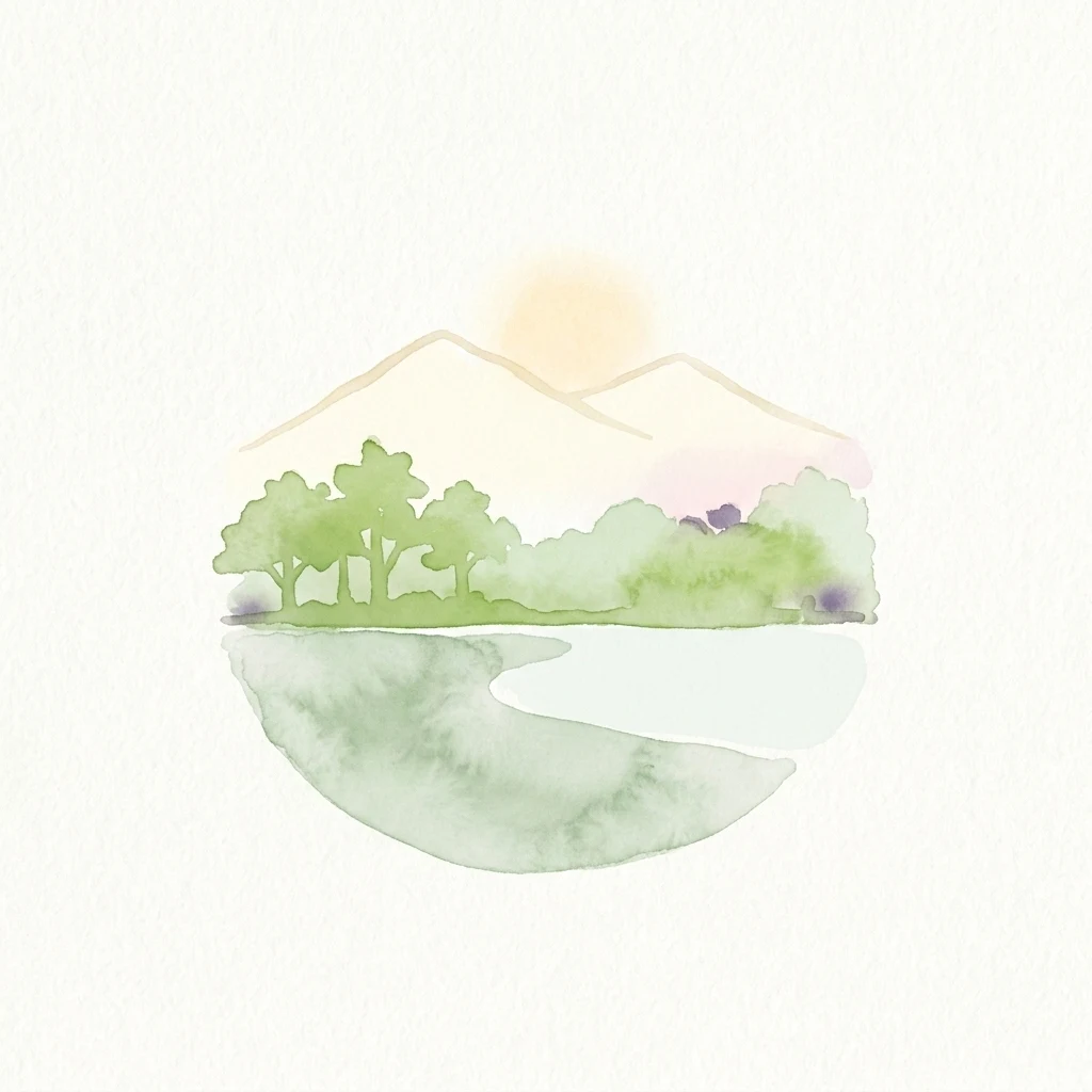 Watercolor illustration of mountains, trees, and a river under a sun