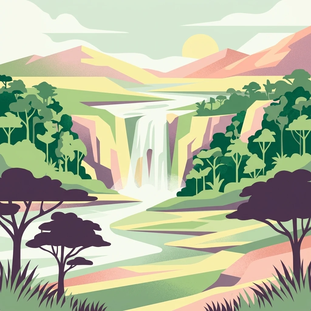Ilustración estilizada de una cascada rodeada de bosques densos y montañas bajo un cielo brillante