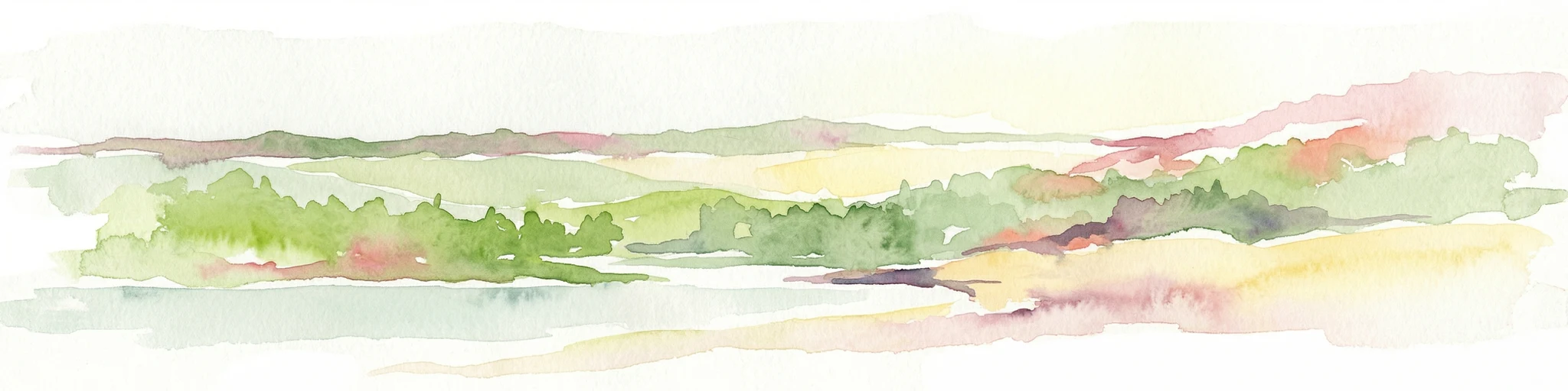 Pintura de acuarela de colinas verdes, campos y una masa de agua