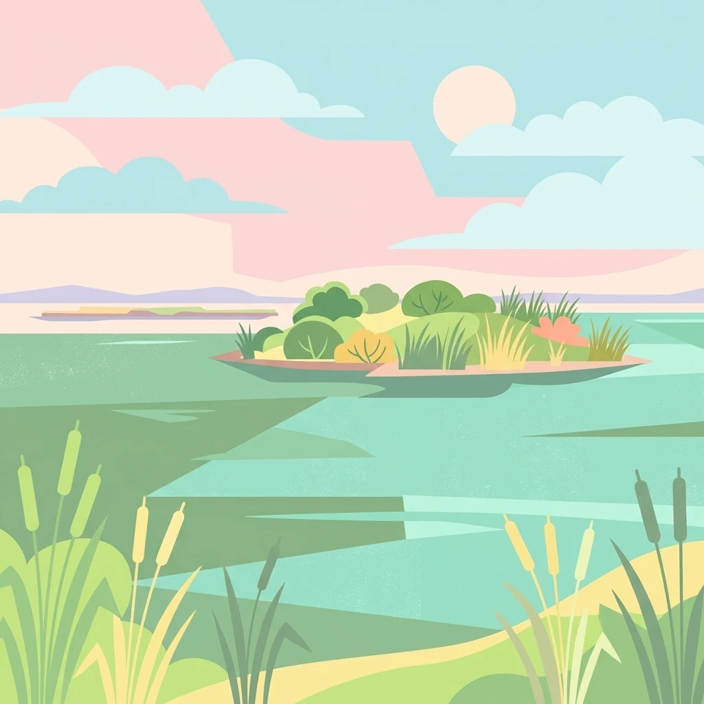 Una ilustración de estilo vectorial plano de una escena de lago, con una pequeña isla vegetada en el centro, agua tranquila, espadañas en primer plano y un cielo pastel con un sol pálido.