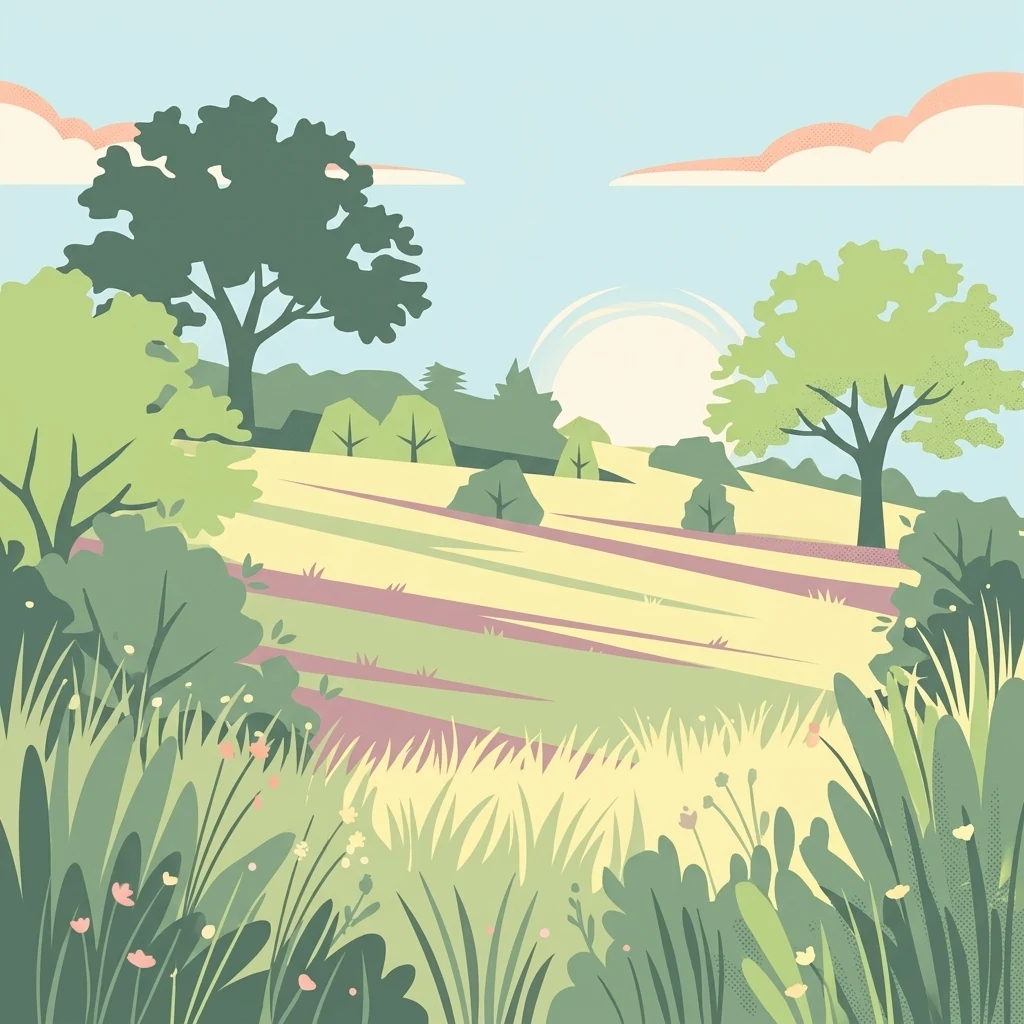 Una ilustración digital estilizada de un paisaje pacífico y soleado con praderas onduladas de hierba, intercaladas con arbustos verdes y árboles frondosos bajo un cielo pálido.
