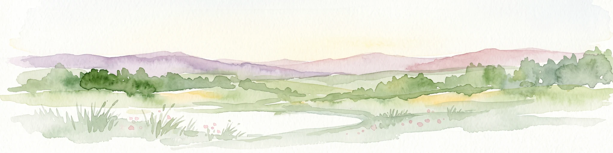 Una pintura horizontal en acuarela que muestra un paisaje suave y brumoso con colinas verdes, parches de hierba y montañas lejanas de tonos púrpura bajo un cielo blanco.