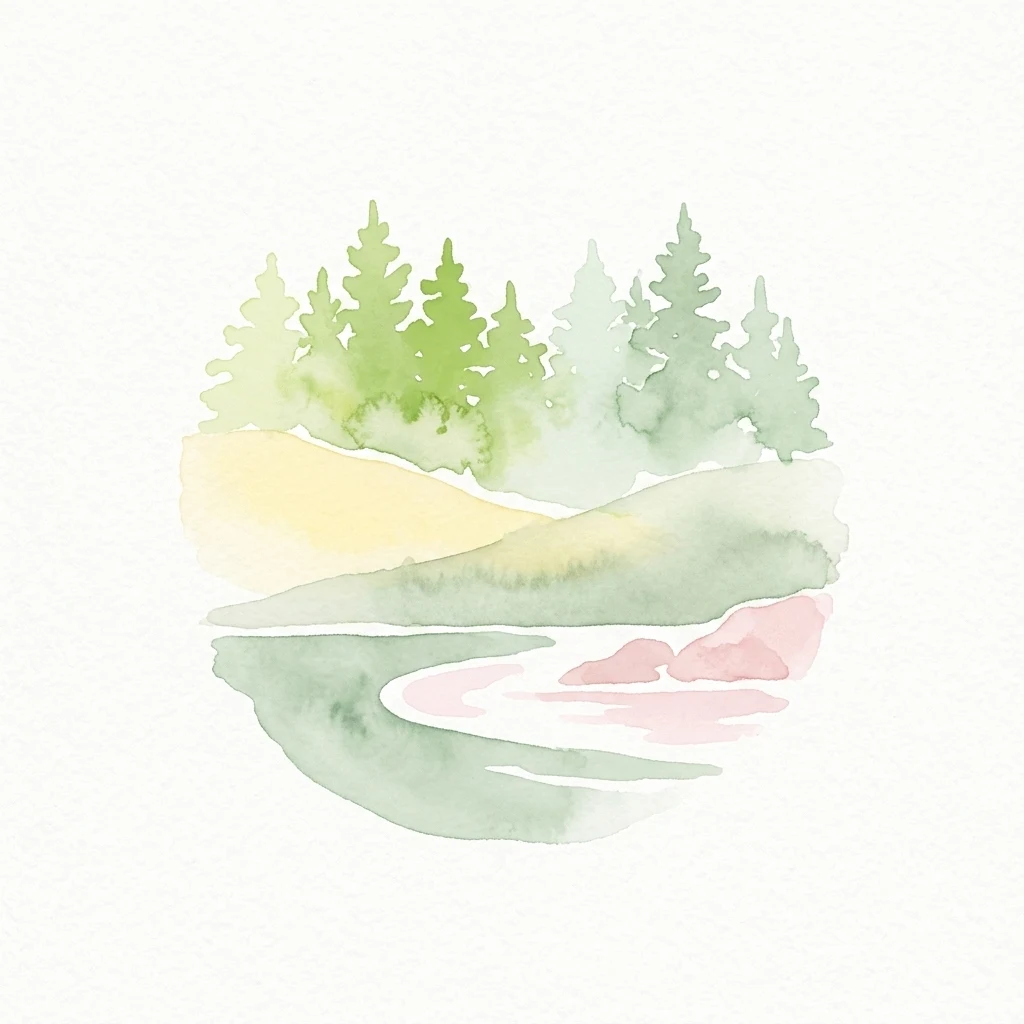Watercolor painting of green trees, a winding river, and rolling hills