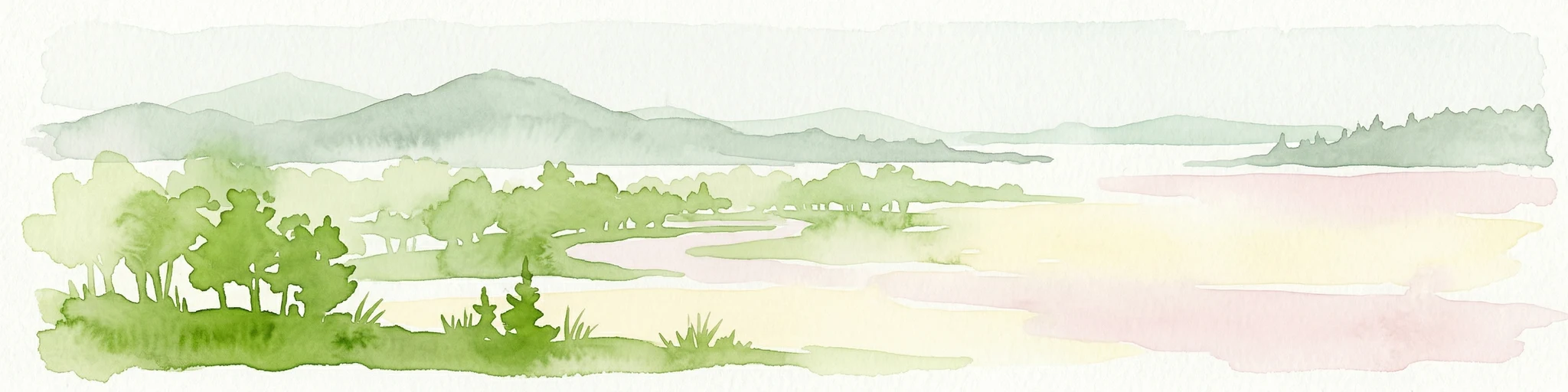 Pintura de acuarela que muestra un paisaje fluvial con árboles verdes, colinas onduladas y montañas al fondo
