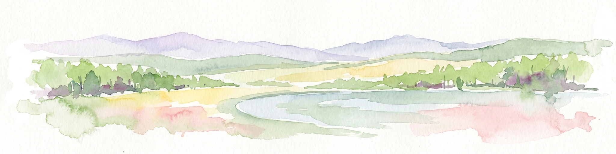 A soft watercolor illustration depicting a winding river landscape with lush trees and rolling hills in the background.