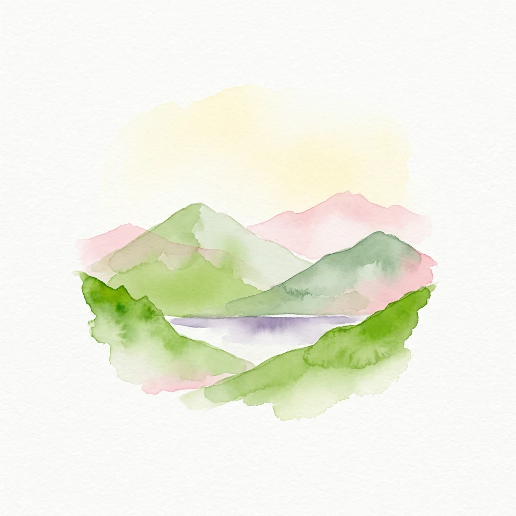 Watercolor illustration showing green mountains, a purple lake, and a pink and yellow sky