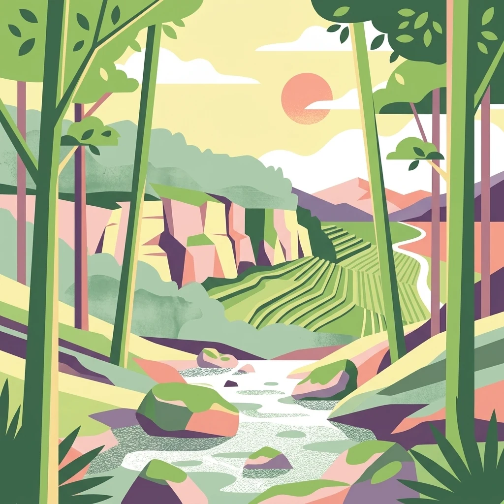 A flat style digital illustration of a nature reserve, featuring a stream in the foreground with mossy boulders, terraced green fields and a rocky cliff face in the midground, and a sunrise or sunset in the background.