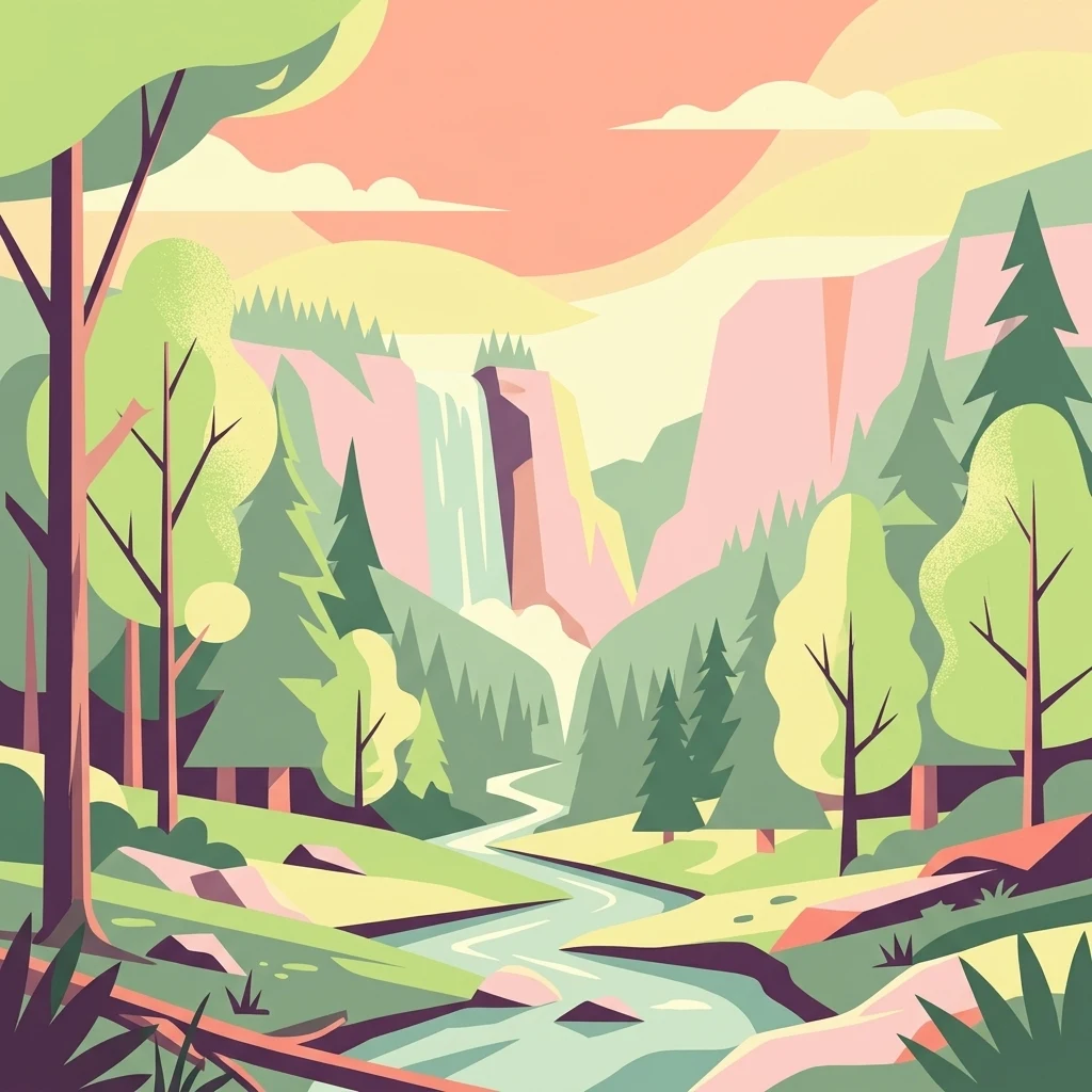 Una ilustración plana de estilo vectorial de un valle natural con un arroyo que fluye, árboles de hoja perenne y caducifolia, acantilados rocosos y una pequeña cascada en la distancia bajo un cielo de tonos cálidos.