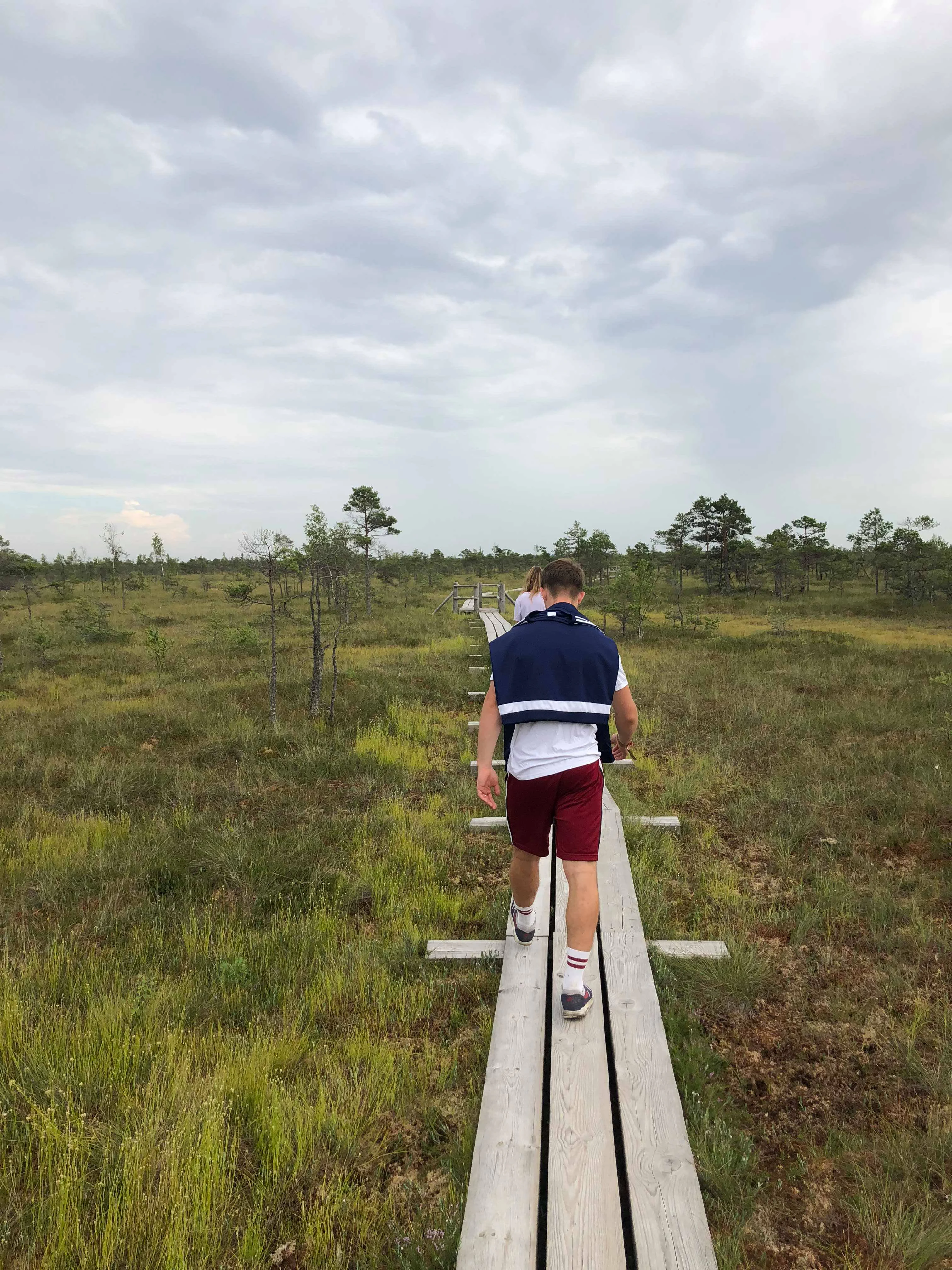 A person walking on a wooden boardwalk in a boggy landscape with sparse vegetation and distant trees under a cloudy sky