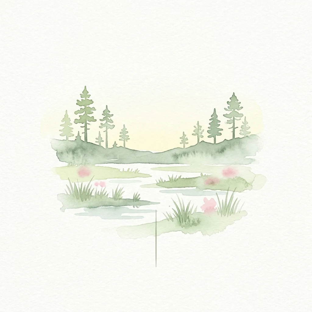 A watercolor illustration depicting a wetland landscape with trees, grasses, and pink flowers, featuring a body of water and a light sky.