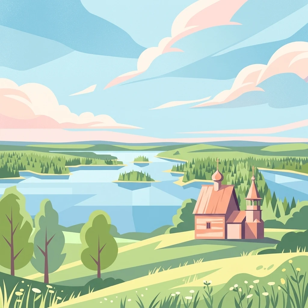 Una ilustración de diseño plano y estilizado de una iglesia de madera con torre y cúpula situada en una colina cubierta de hierba con vistas a un extenso lago azul con pequeñas islas y orillas boscosas.