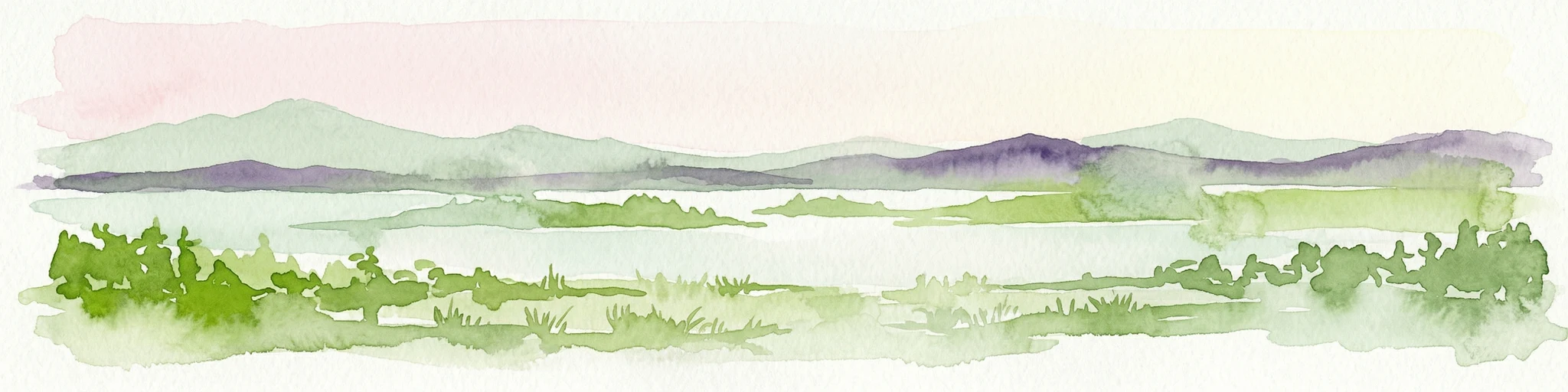 Pintura acuarela que muestra un lago rodeado de bosques con montañas al fondo