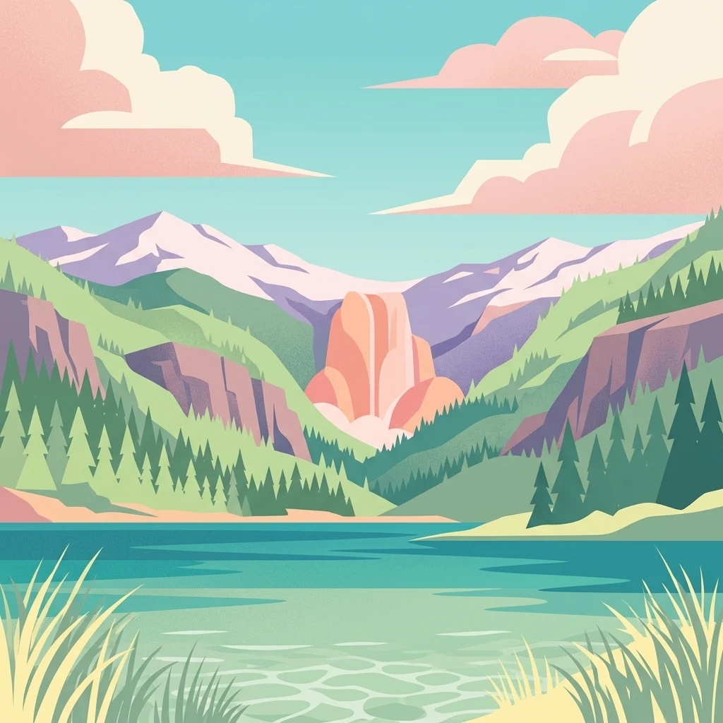 A flat vector illustration featuring a turquoise lake in the foreground, surrounded by evergreen forests and mountains under a pastel sky with pink clouds.