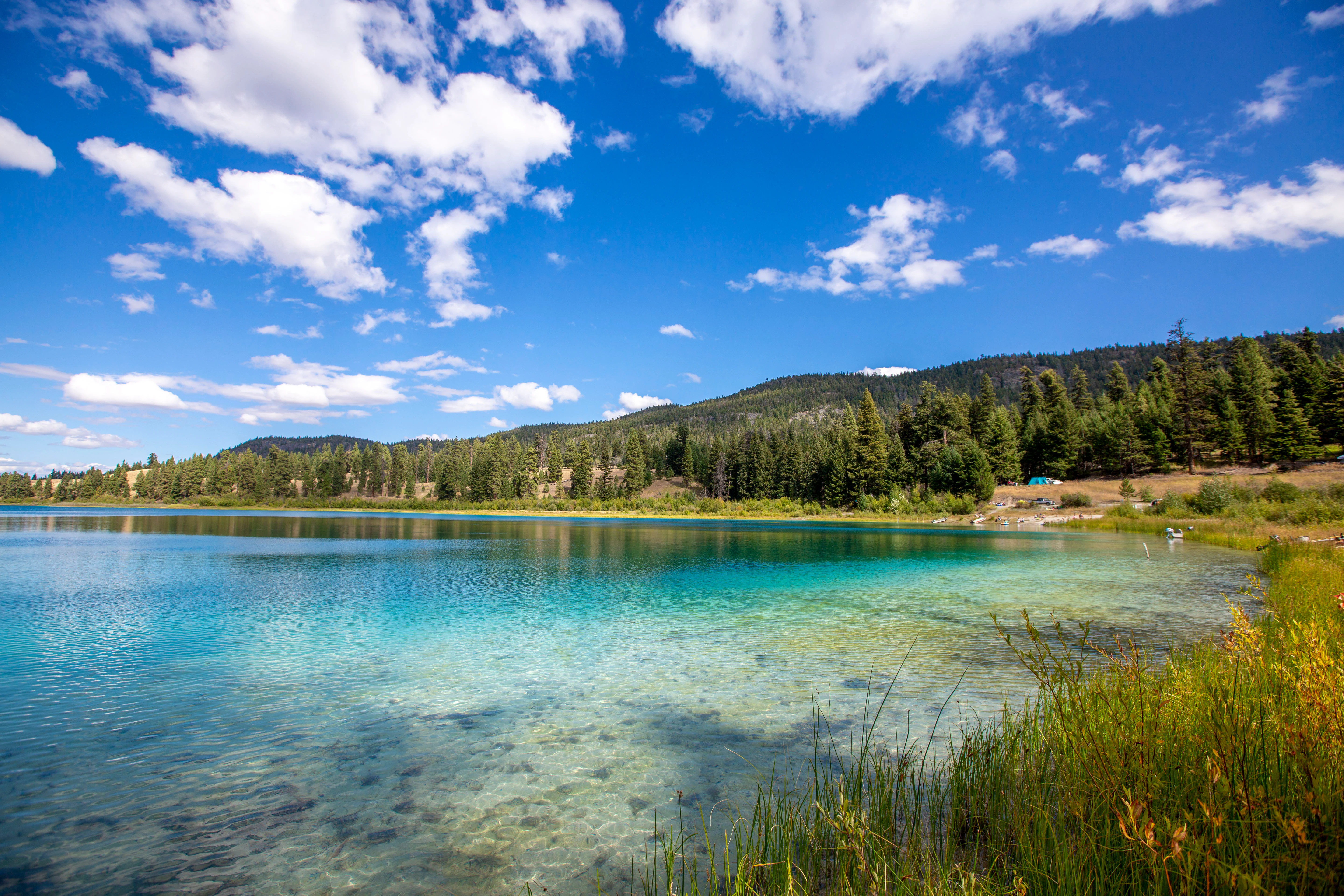A wide, eye-level shot of a bright turquoise lake surrounded by coniferous trees, rolling hills, and a clear blue sky with white clouds.