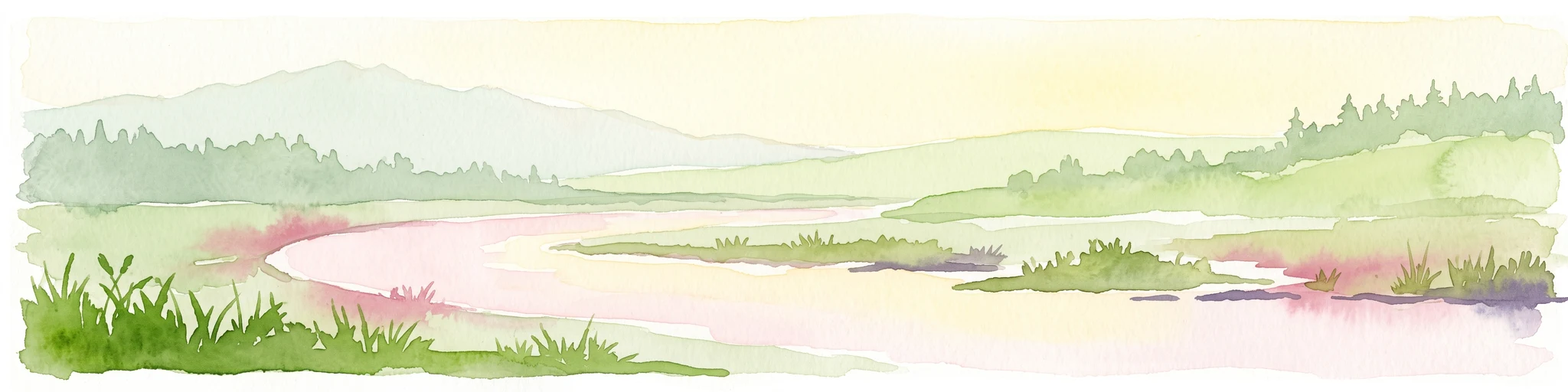 Una pintura en acuarela que muestra un paisaje suave con colinas onduladas, un arroyo o lago serpenteante y vegetación herbácea.