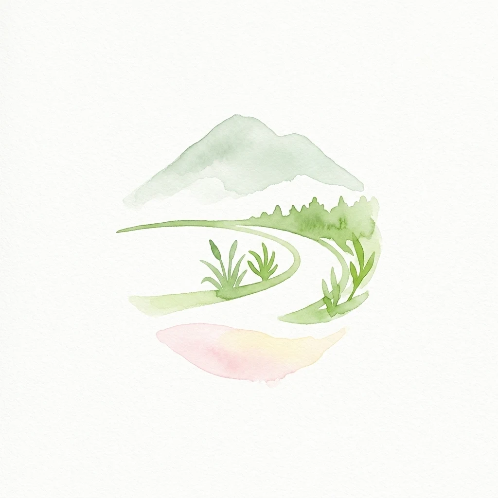 Watercolor illustration of a mountain, winding path, and vegetation with a pink abstract shape