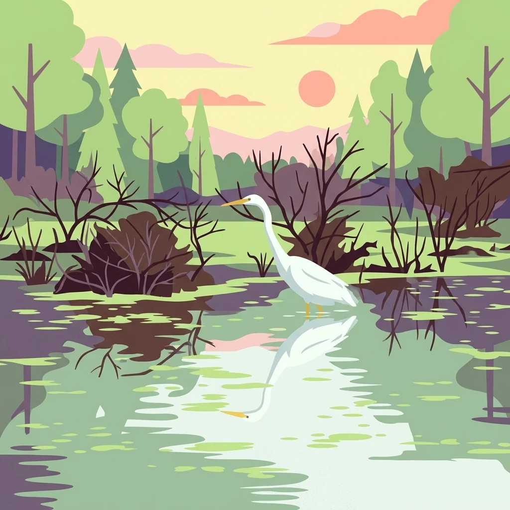 Ilustración estilizada de una garza blanca parada en aguas poco profundas entre nenúfares y árboles.