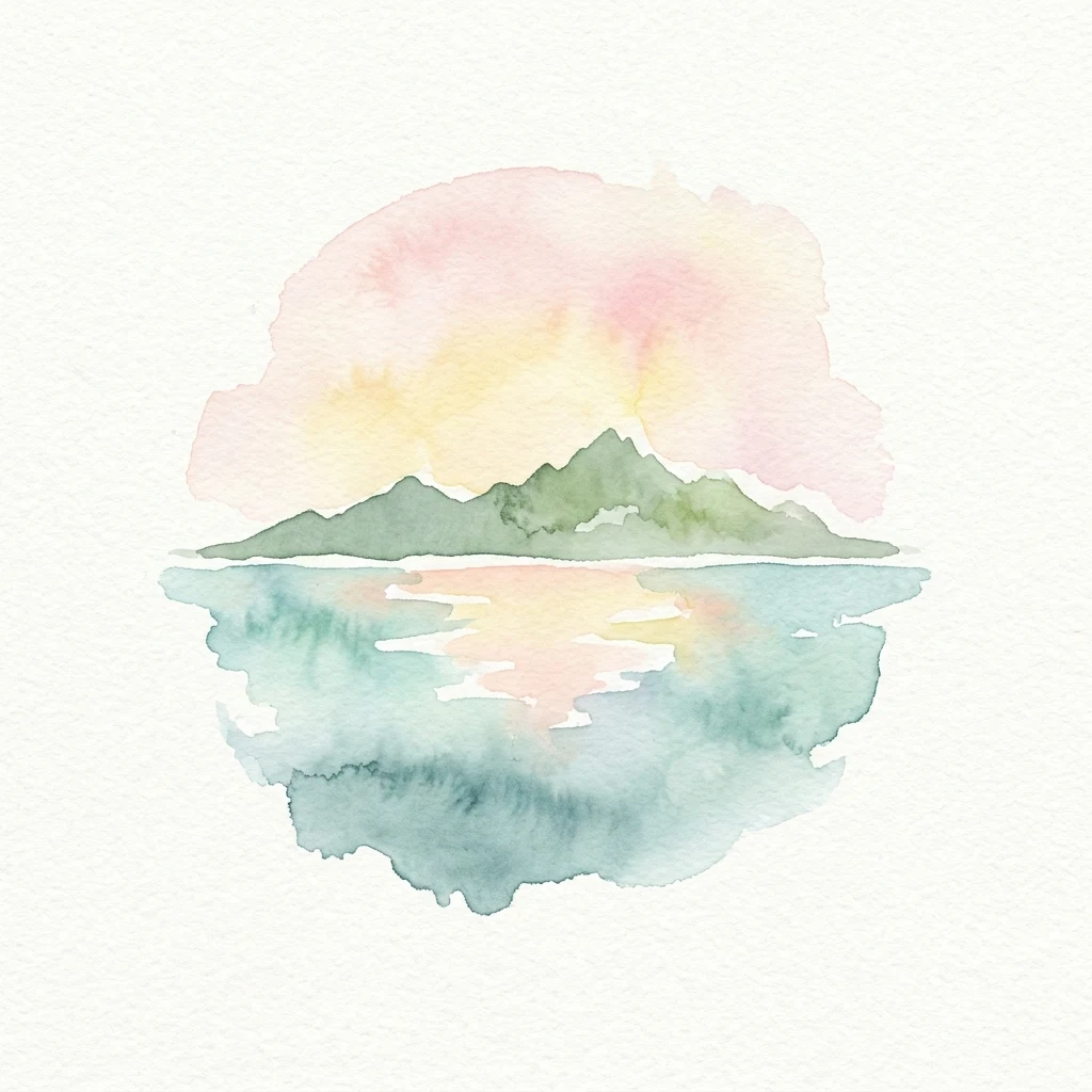 Pintura de acuarela que muestra una cordillera reflejada en agua tranquila bajo un cielo rosa y amarillo