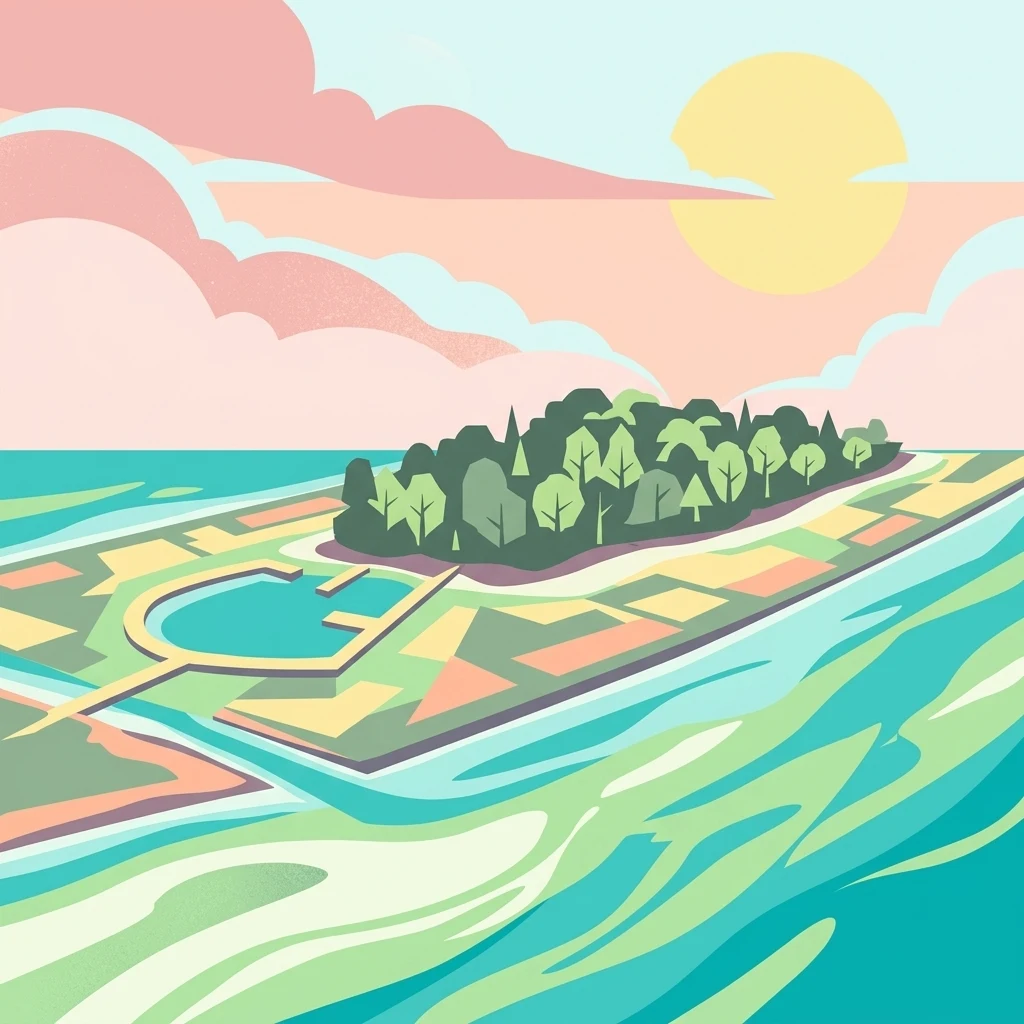 Stylized illustration of an island with green trees and pathways surrounded by blue water with wave patterns under a sky with pink clouds and yellow sun