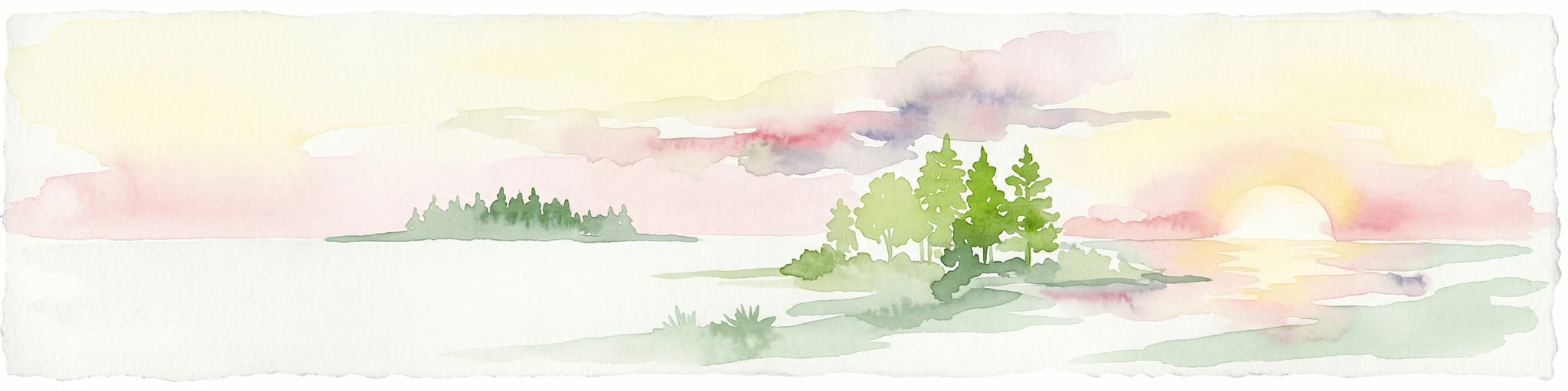 Ilustración de acuarela de islas con árboles y una puesta de sol sobre el agua