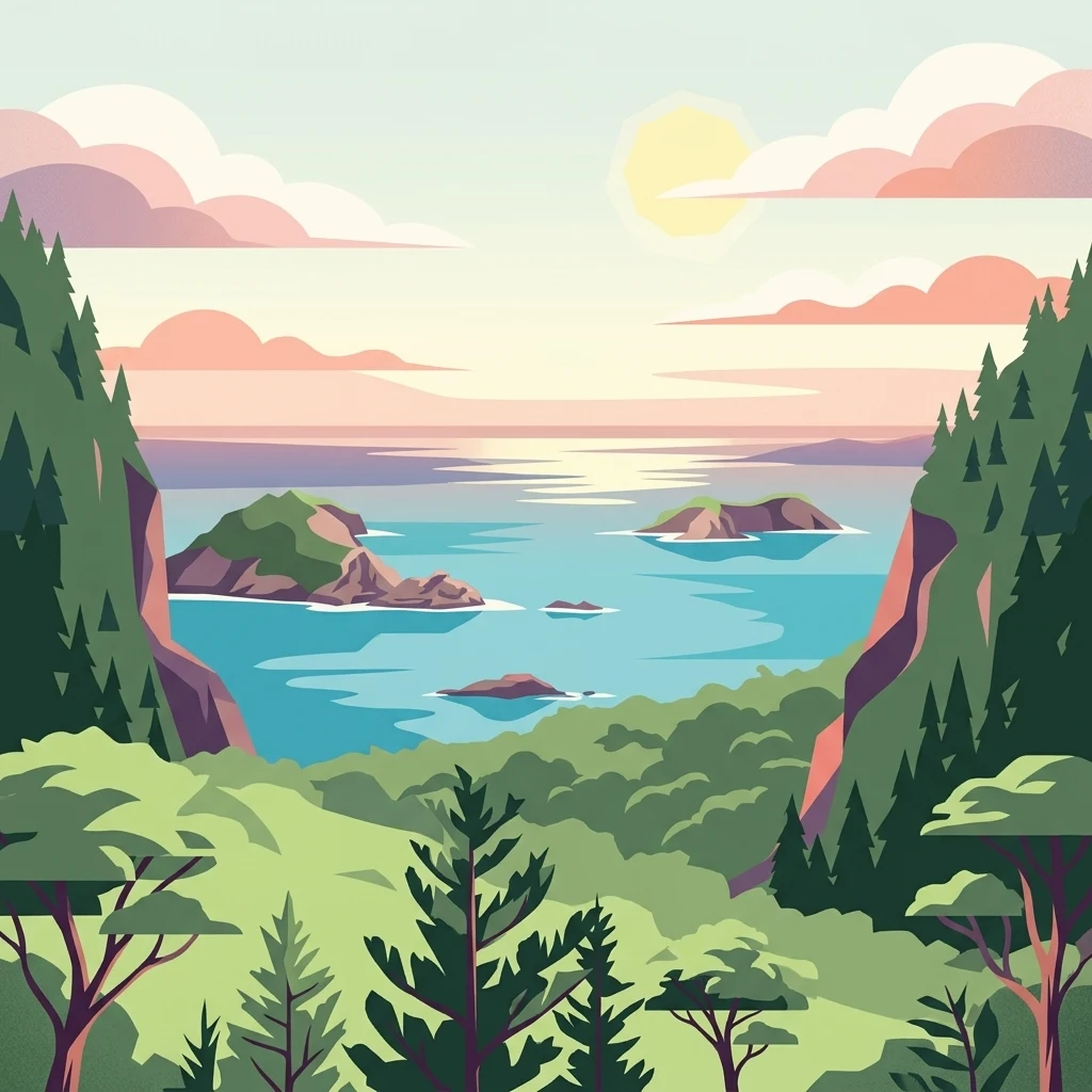 A digital illustration of a coastal landscape featuring rocky islands, calm blue waters, and lush green forests at sunrise.