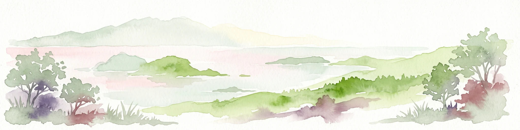 Ilustración en acuarela de un exuberante paisaje costero insular con colinas verdes onduladas, árboles dispersos y montañas bajas a lo lejos contra un cielo pálido y abierto.