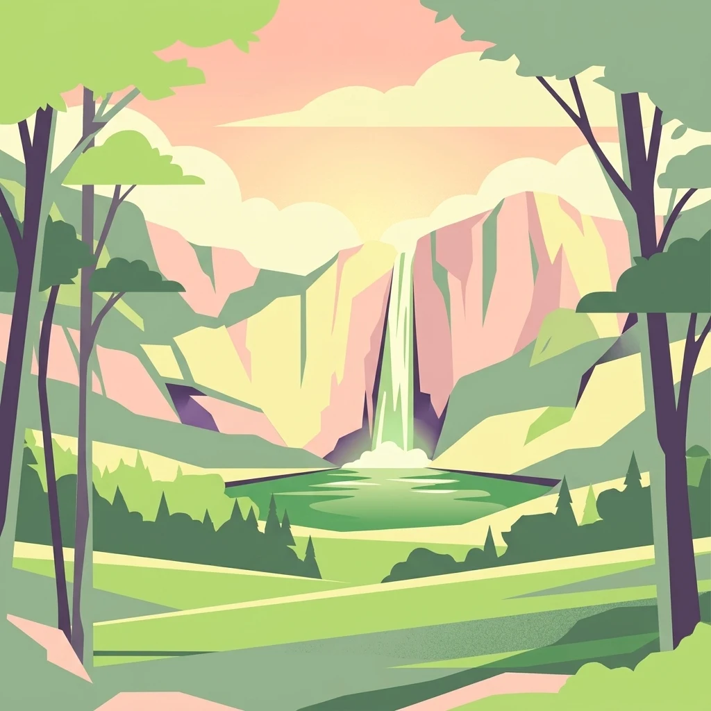 A flat-design, vector-style illustration showing a tall waterfall cascading down a cliff into a mountain lake, framed by stylized trees in the foreground.