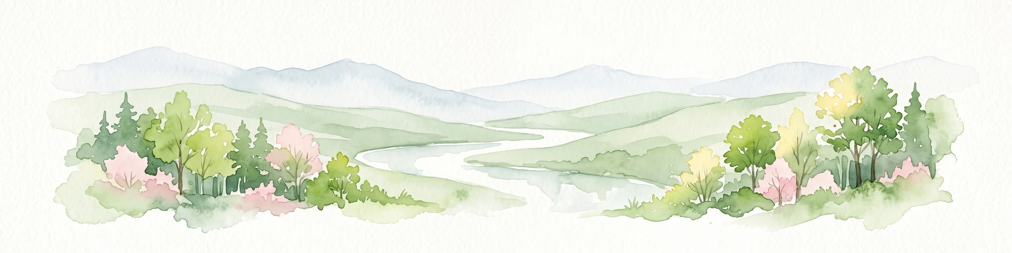 A watercolor illustration of a gentle, winding stream through a green, hilly valley with deciduous and coniferous trees, against a background of soft, blue-toned mountains.