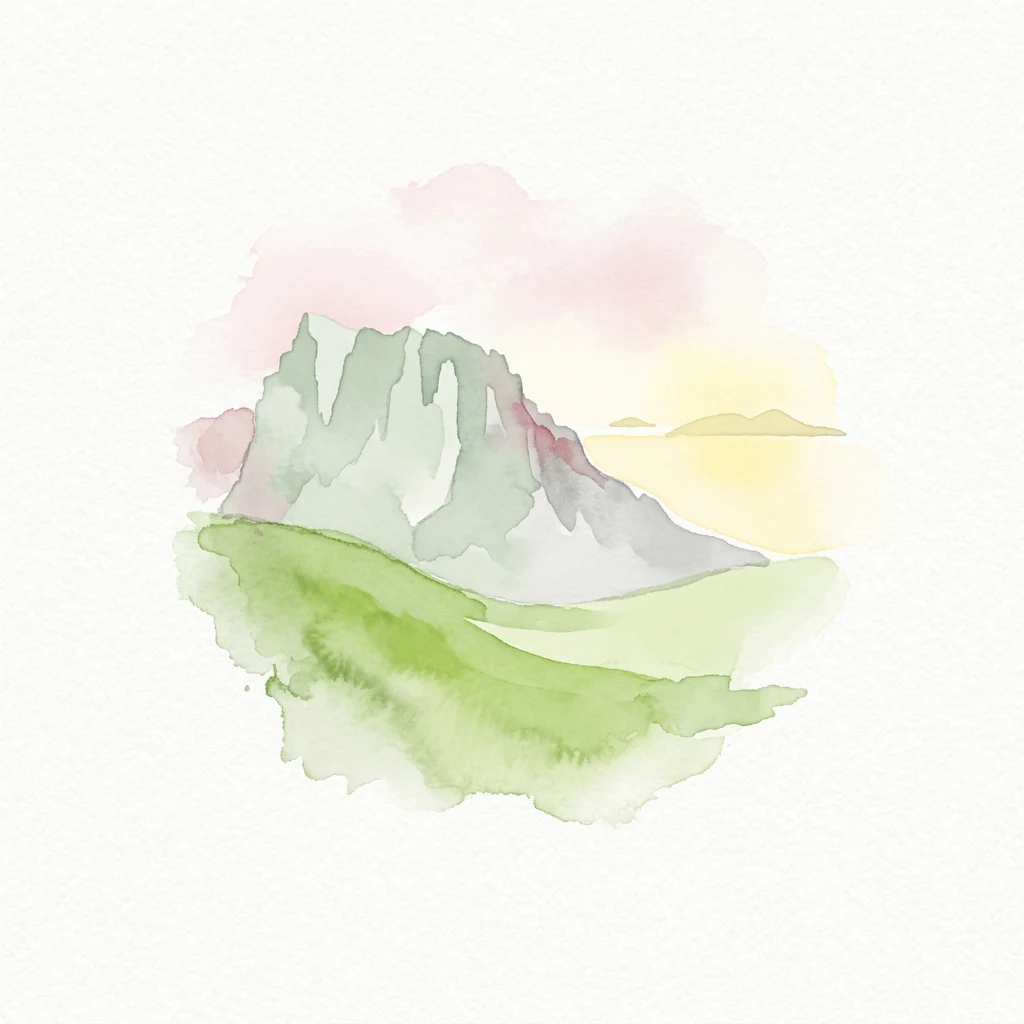 Watercolor illustration of a mountain with green slopes and pastel sky