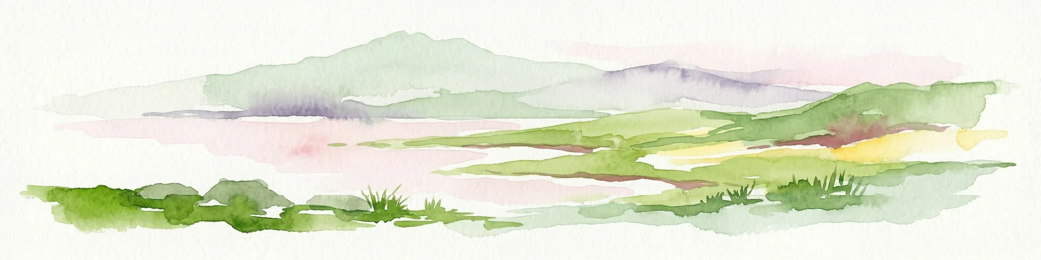 Ilustración en acuarela de un paisaje costero con campos verdes y montañas distantes.