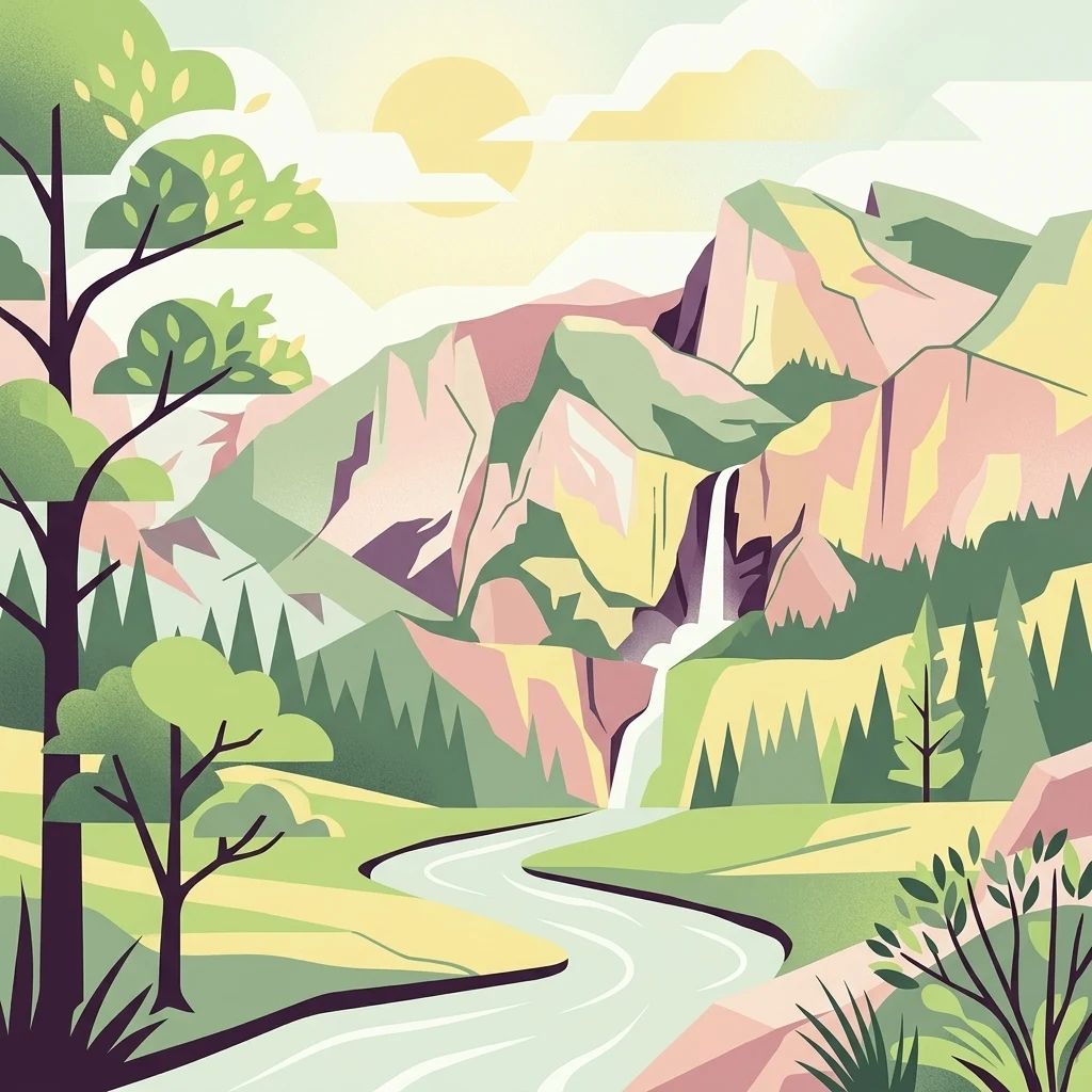 A flat-design, vector-style illustration of a mountain valley with a waterfall cascading into a winding river, surrounded by trees and a soft sunrise in the background.