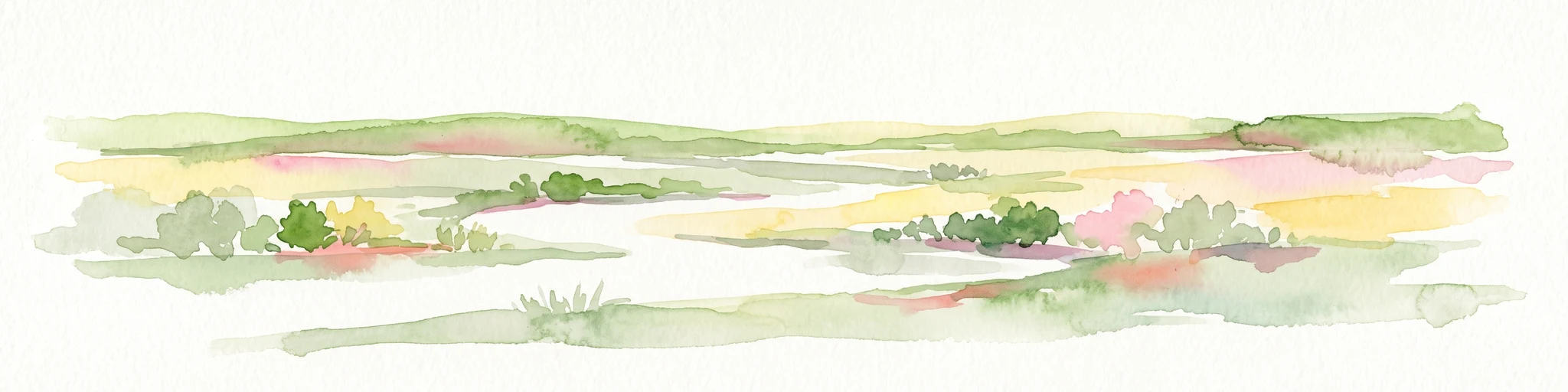 A watercolor painting showing a soft, impressionistic landscape of Keta Lagoon, featuring patches of green vegetation, yellow grasses, and calm water against a light, airy background.