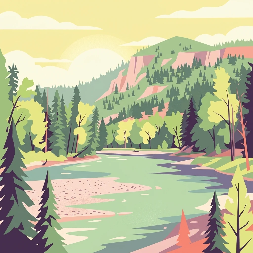 A flat-style digital illustration showing a river flowing through a forested valley with mountain ridges under a soft light.