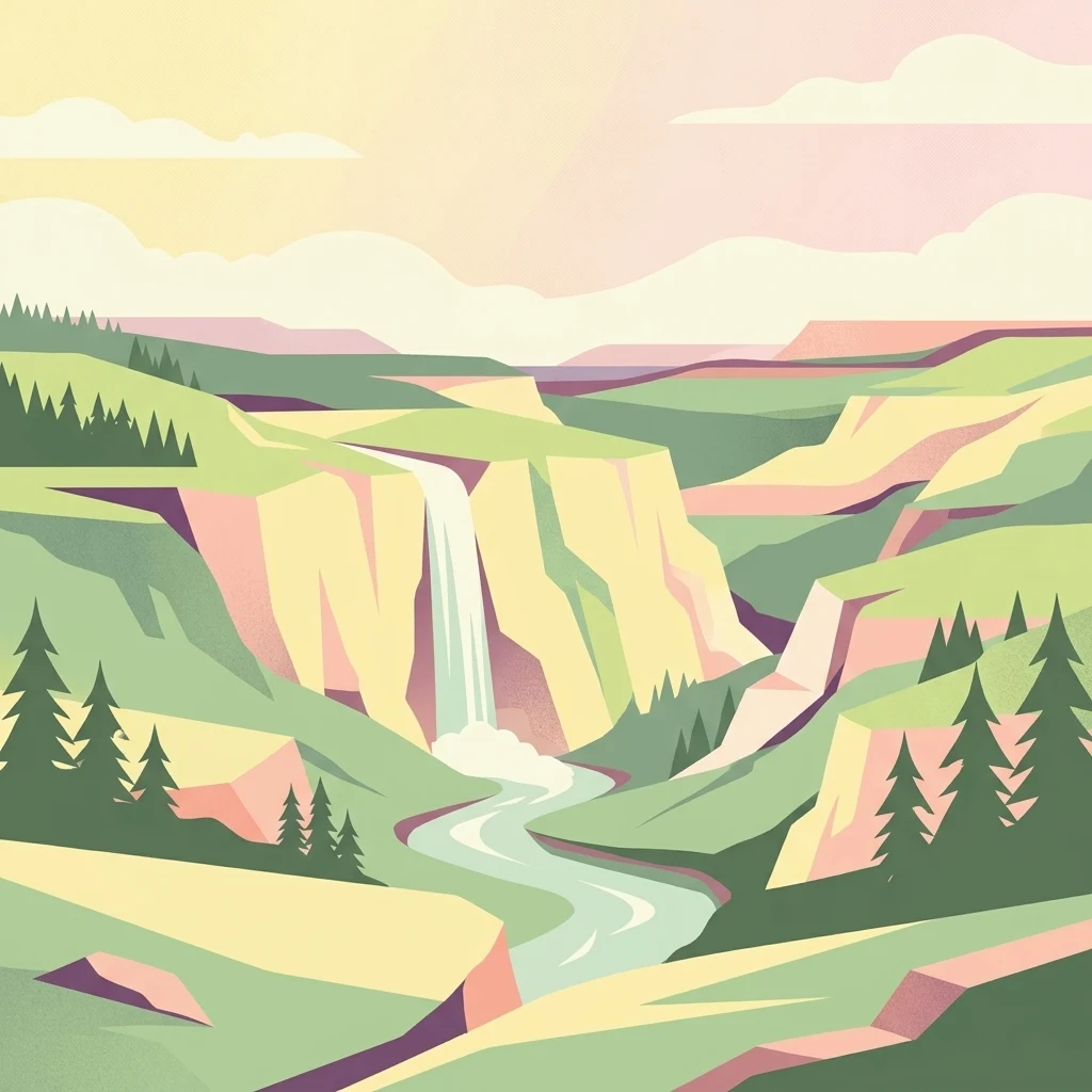 A flat-style digital illustration depicting a canyon with a central waterfall flowing into a river, surrounded by pine forests and rolling cliffs in pastel colors.
