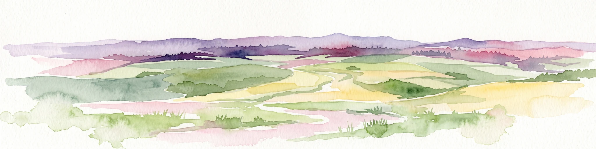 A horizontal watercolor painting showing rolling green and yellow hills with distant purple-toned forests against a white background.