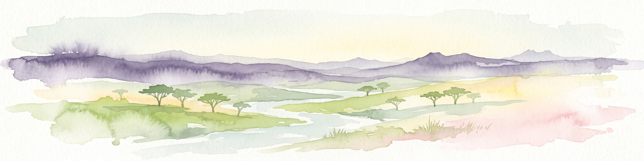 A watercolor painting showing a wide, panoramic view of rolling green and yellow hills, scattered acacia-like trees, and a distant purple mountain range under a light sky.