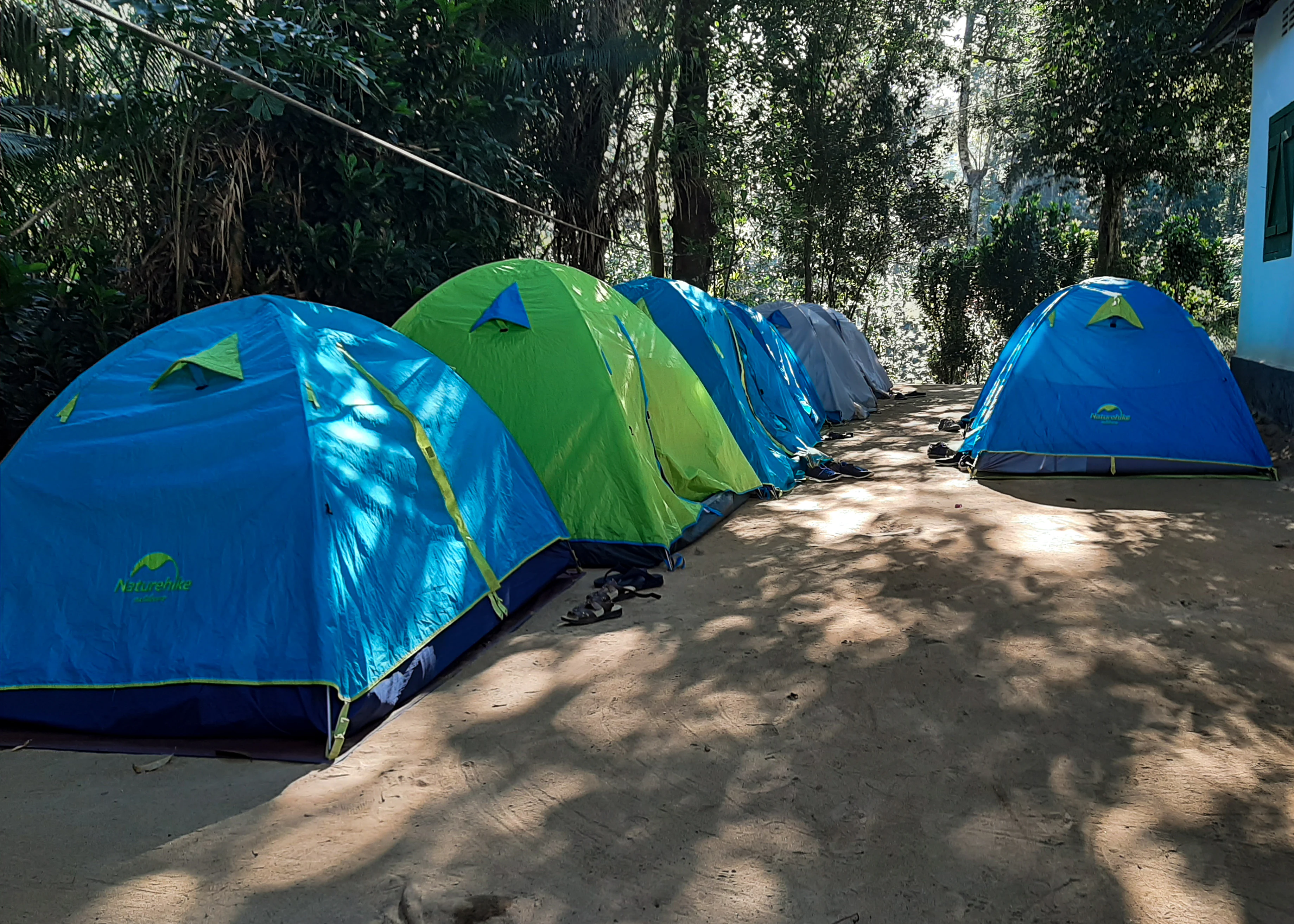 Blue and green tents arranged in a row on a dirt path with trees and shadows