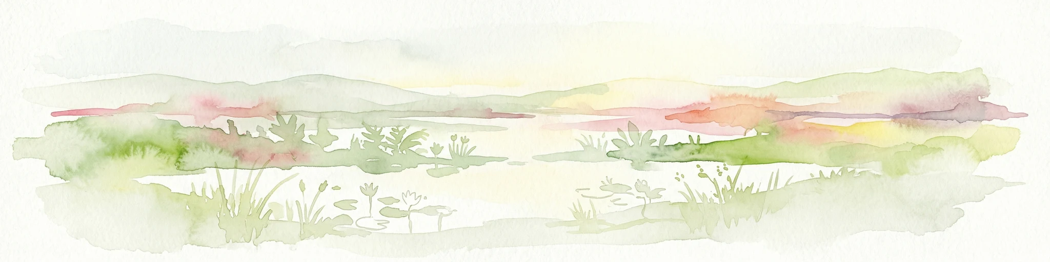 Watercolor painting showing grasses in the foreground, a body of water, and hilly terrain under a pale sky