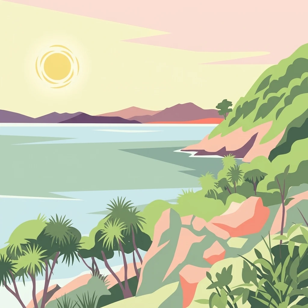Illustration of a coastal landscape with ocean, rocky cliffs, palm trees, and mountains under a sunny sky
